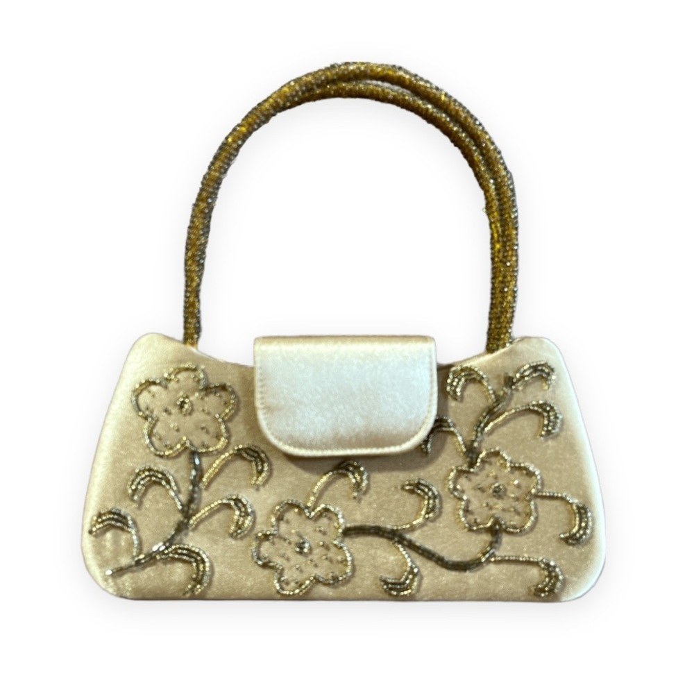 Bijoux Terner Mini‎ Satin Gold Handbag Beaded Handles Front Floral Design Beads